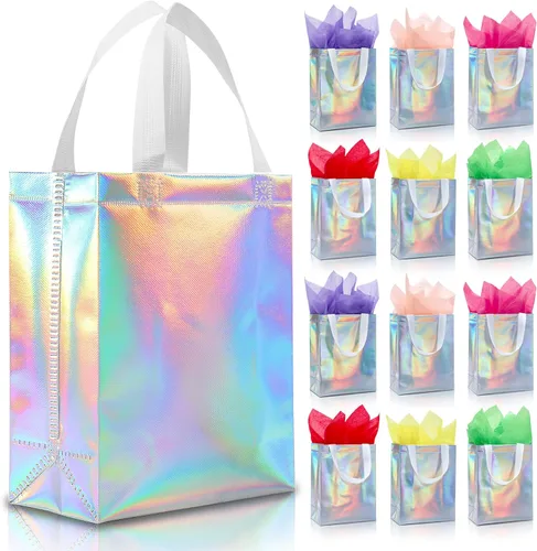 Miniatura 14 de KeerxunBag 12 piezas de bolsas de regalo reutilizables (incluye papel de seda) Bolsa de regalo con asa para cumpleaños, fiestas, días festivos