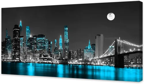 Jiuqinghua Arte de Pared Decorativo Impresión en Lienzo Imagen 1 Panel Negro Blanco y Azul Nueva York Puente de Brooklyn Paisaje Urbano Nocturno