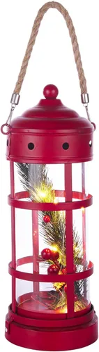 Miniatura 8 de Alpine Corporation Farol de Navidad de metal y vidrio de 13 pulgadas de alto con 8 luces LED blancas cálidas, temporizador integrado, decoración