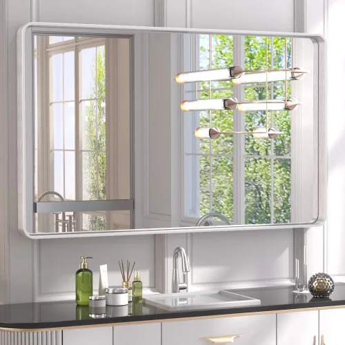Miniatura 68 de TETOTE Espejo de marco dorado cepillado de 16 x 24 pulgadas, espejo de tocador de baño de latón dorado para pared, espejo enmarcado rectangular