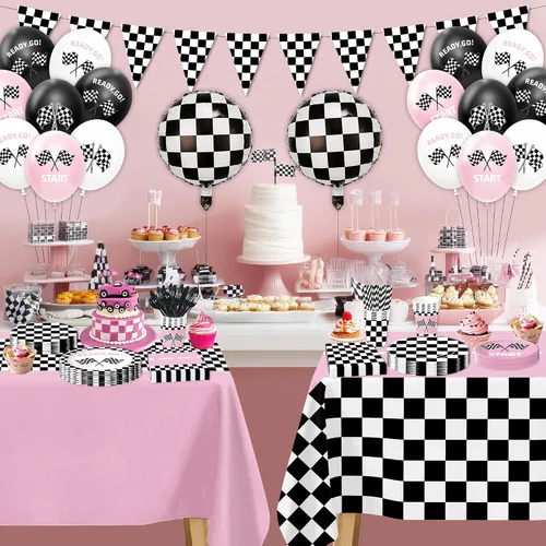 Miniatura 6 de Decoraciones de fiesta de cumpleaños de coche de carreras, suministros de fiesta de automóvil de carreras rosa para niñas, cumpleaños, baby shower