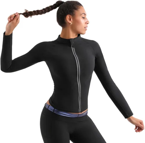 Miniatura 4 de Traje de sauna, chaqueta moldeadora de cuerpo de sudor caliente, entrenador de cintura, manga larga, con cremallera, camiseta de entrenamiento Negro