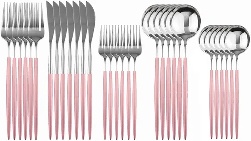 Juego de cubiertos – Juego de vajilla familiar de 30 piezas – Juego de cubiertos para 6 – Juegos de vajilla rosa plateada – Cubiertos ideales para