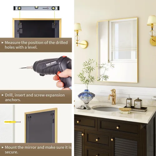 Miniatura 5 de BEAUTYPEAK Espejo de pared rectangular dorado de 24 x 36 pulgadas con marco de metal, se cuelga horizontal o vertical para sala de estar