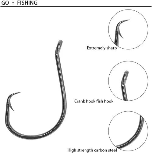 Miniatura 5 de Anzuelos de pesca, paquete de 100 ganchos circulares, acero de alto carbono, níquel negro, ojo torneado hacia abajo, para surf y pesca, arnés