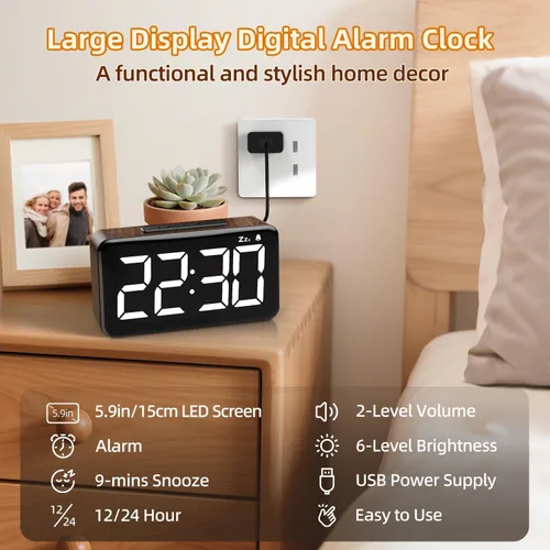 Miniatura 2 de NOKLEAD Reloj despertador digital: veta de madera, pantalla LED grande de 5.9 pulgadas, fácil de usar para personas mayores y hombres, brillo