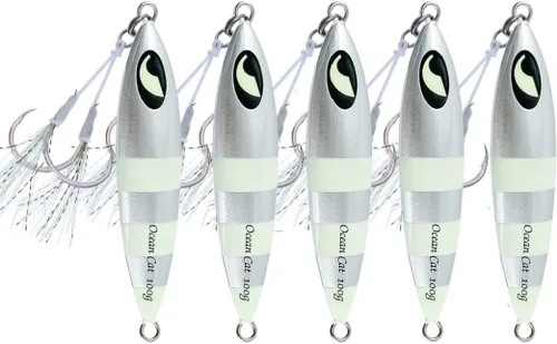Miniatura 13 de OCEAN CAT Plomo de metal plano de caída lenta pesca señuelos hundimiento vertical cebo de jigging con gancho de mariposa para pesca en agua salada