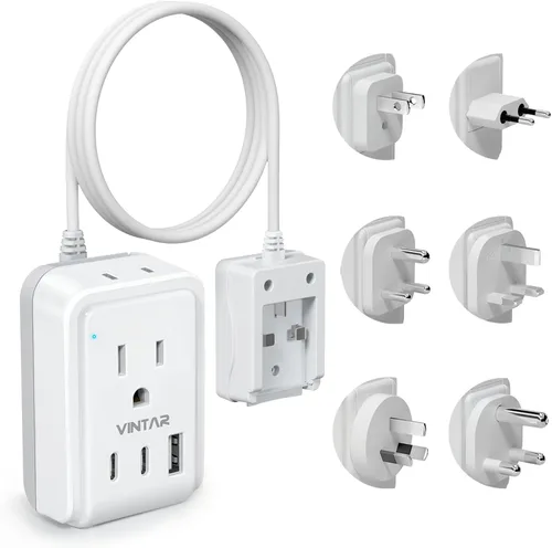 VINTAR Kit de adaptador de viaje universal, cable de extensión desmontable de 1.5 metros con 2 tomas de CA y 3 USB (2 USB C), adaptador de corriente