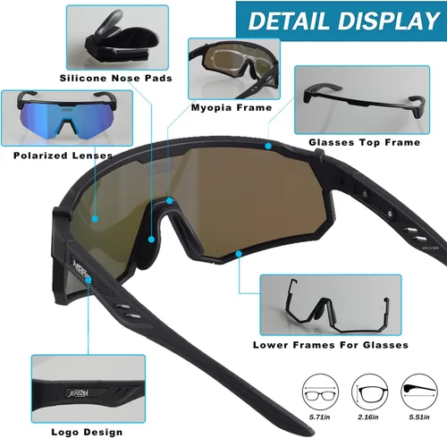 Miniatura 5 de Gafas de ciclismo polarizadas con 3 lentes intercambiables, gafas de equitación, béisbol, correr, esquí, deportes