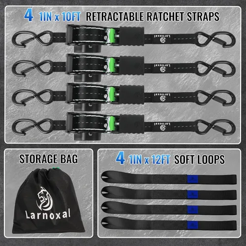 Miniatura 6 de Paquete de 4 correas retráctiles de trinquete, resistencia a la rotura de 1.500 libras, 1 pulgada x 10 pies, correas de amarre retráctiles