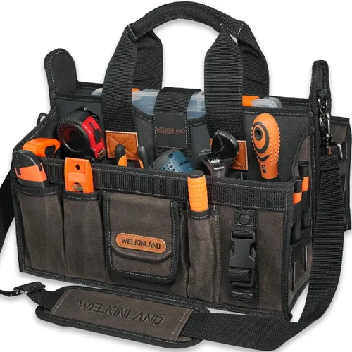 WELKINLAND Bolsa de herramientas para electricista de 20 bolsillos, bolsa de herramientas superior abierta de 16 pulgadas de ancho, bolsa de