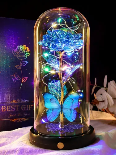 Miniatura 15 de Regalos de cumpleaños para mujer, rosa colorida con luz eterna en cúpula de cristal con mariposa, flores de Navidad para mamá, regalo de hija