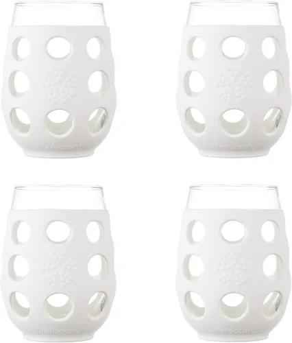 Lifefactory - Copa de vino para interior y exterior con funda protectora de silicona, paquete de 4, Blanco óptico