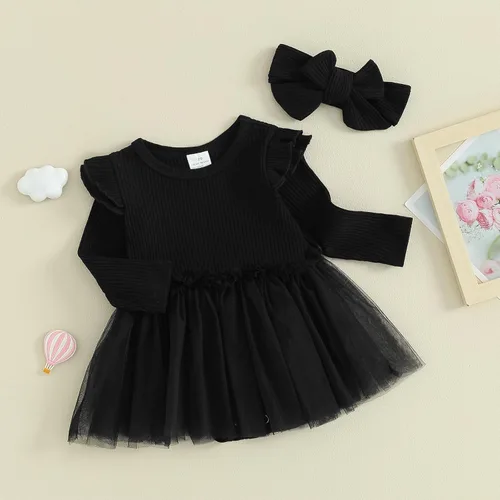 Miniatura 4 de Maemukilabe Infant Newborn Baby Girl Ruffle Sleeve Dress Romper 2Pcs Tulle Bodysuit Headband Set Christmas Halloween Clothes