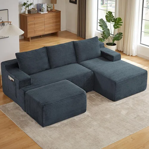 Miniatura 24 de Sofá modular Cloud de 95 pulgadas con otomana, moderno sofá nube en forma de U con asiento profundo, cómodo sofá de pana de 3 plazas, sofá de espuma