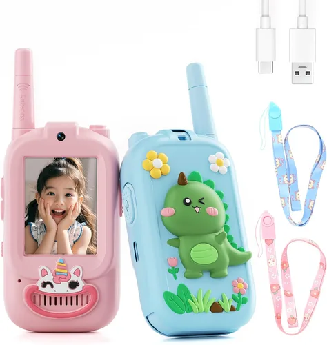 Miniatura 8 de Walkie Talkies de video para niños, paquete de 2 walkie talkies para niños con bonita cubierta de silicona, cambiador de voz, rango de 1000 pies
