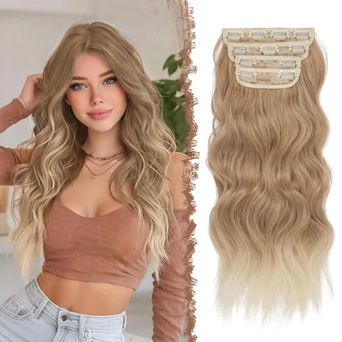 Miniatura 11 de FESHFEN Extensiones de cabello con clip - 4 piezas Extensiones de cabello sintético ondulado largo y grueso con clip para cabeza completa