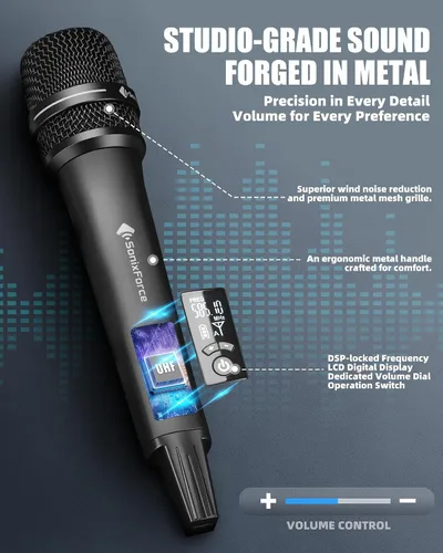 Miniatura 4 de Micrófonos inalámbricos, micrófono de karaoke profesional, sistema UHF de doble micrófono con rango de 260 pies, micrófono portátil de metal