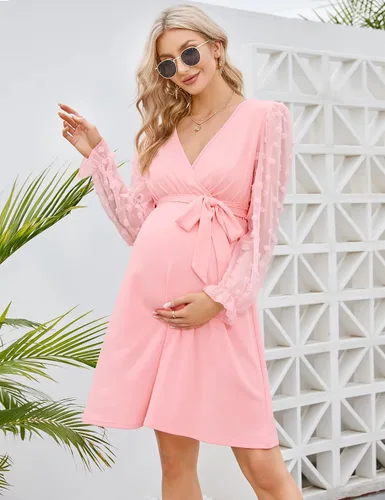 Miniatura 2 de Coolmee Vestido de maternidad de manga larga con lunares suizos, cuello en V, para otoño, casual, bohemio, vestido midi para baby shower, sesión