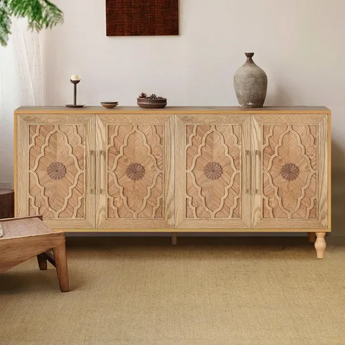Miniatura 8 de YOPTO Aparador de almacenamiento de madera con tres puertas de vidrio templado y estante ajustable, armario de buffet grande con puerta de flores