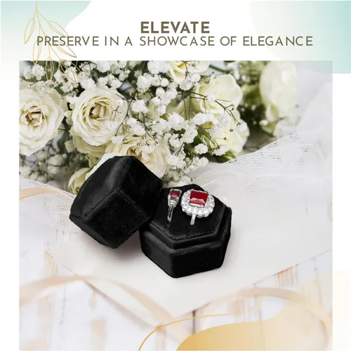 Miniatura 5 de Caja de terciopelo para anillos, color negro, con 2 ranuras, exquisita caja para anillos de boda, preciosa caja hexagonal para anillos de boda