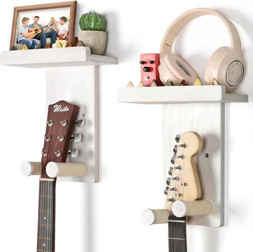 Miniatura 17 de Keebofly 2 unidades de colgador de pared para guitarra con estante de madera y soporte para púa para guitarra acústica, eléctrica, ukelele, bajo