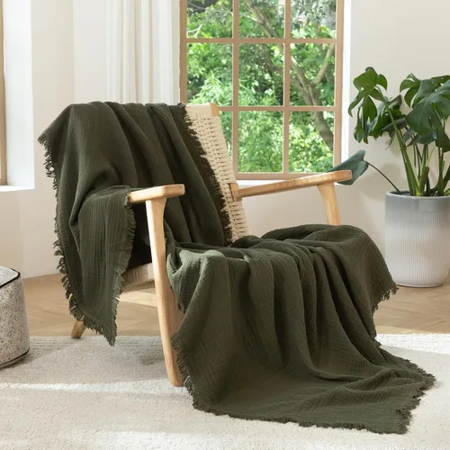 Miniatura 3 de MooMee - Manta de muselina 100% algodón, manta de 4 capas de gasa con borlas, ultra suave, transpirable, ligera y refrescante para cama y sofá Verde