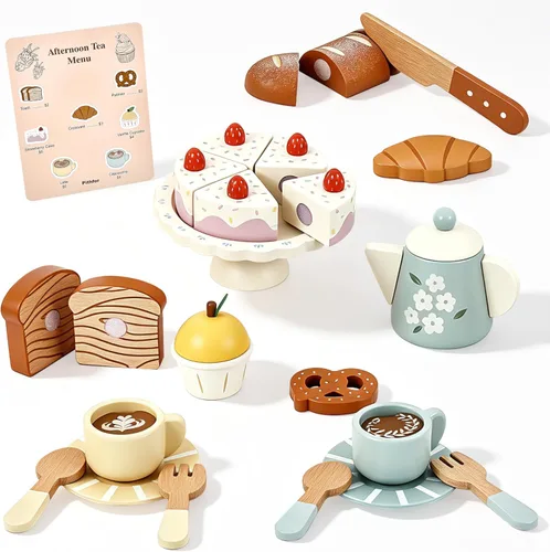 Miniatura 8 de Pithfor - Juego de simulación de café de madera para niños con molinillo, juguete de cafetera para niños y niñas, accesorios y electrodomésticos