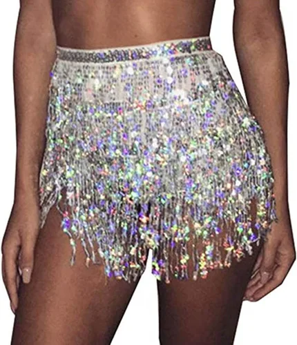 REETAN Falda Boho para danza del vientre con lentejuelas, mascada de cadera con flecos y borlas falda para fiestas, bailes,actuaciones y disfraces