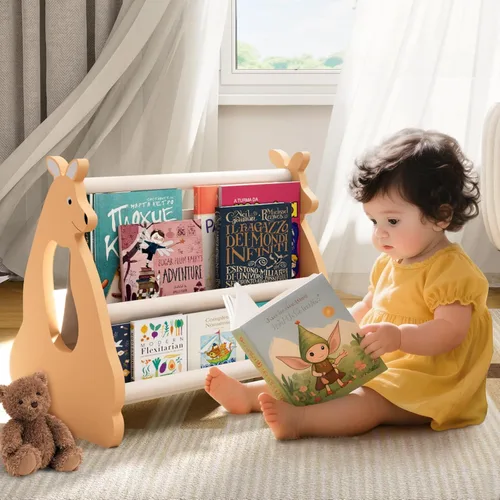 Miniatura 12 de Estantería infantil de doble cara – Estantería portátil de 2 niveles para niños pequeños, estante para libros para habitaciones de niños y sala