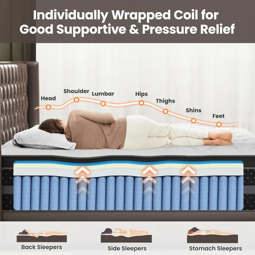 Miniatura 3 de Colchón matrimonial de 10 pulgadas, colchón híbrido de gel refrescante para sueño lateral y alivio de presión con soporte lumbar y de hombro, cama