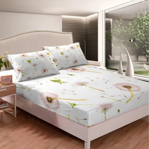 Miniatura 2 de Manfei Sábana bajera ajustable de diente de león rosa, tamaño individual, funda de cama de flores en acuarela con 1 funda de almohada, juego de ropa