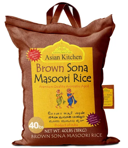 Asian Kitchen Brown Sona Masoori - Arroz envejecido de 40 libras, 40 libras (40.0 lbs) de arroz de grano corto ~ Todo natural | Apto para gluten |