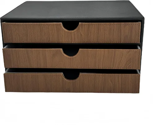 Miniatura 4 de Organizador de escritorio de cuero de 3 cajones con soporte para archivos A4, caja de almacenamiento modular apilable para suministros de oficina