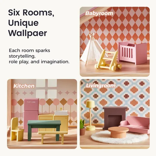Miniatura 3 de Tiny Land Casa de muñecas de madera para niñas, casa de muñecas de madera de 6 habitaciones, casa de muñecas de bricolaje con 31 accesorios de Rosa