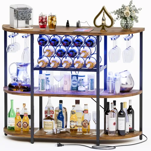 Miniatura 8 de Furmax Armario de bar de vino para barra de licor, armario de mesa con luces y tomacorriente, almacenamiento de 4 niveles, estantes de vino Blanco