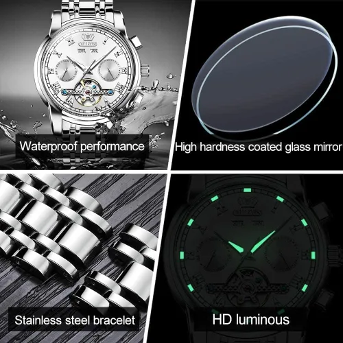 Miniatura 5 de OLEVS Reloj automático para hombre, cuerda automática, mecánica, de lujo, de acero inoxidable, multicalendario, impermeable, luminoso, reloj