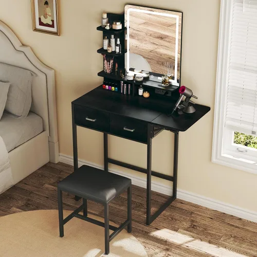 Miniatura 2 de ALEXNUTRE Escritorio de maquillaje con espejo y luces, pequeño tocador con cajón de almacenamiento de tela, silla y estantes, tocador con panel