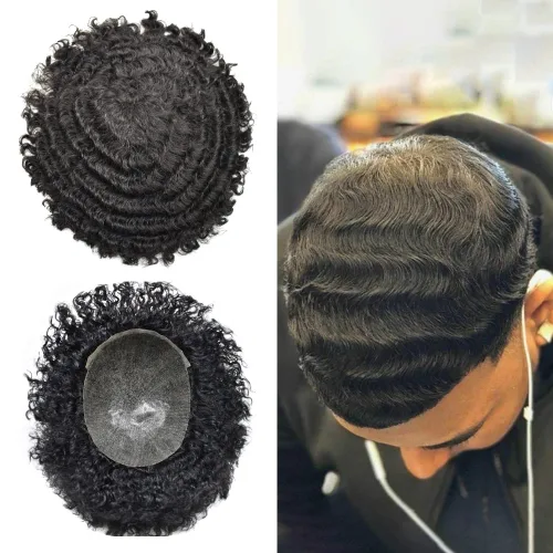 Miniatura 14 de Unidad de cabello humano para hombres negros, rizado afro brasileño, sistema de reemplazo de cabello para hombres afroamericanos afroamericanos