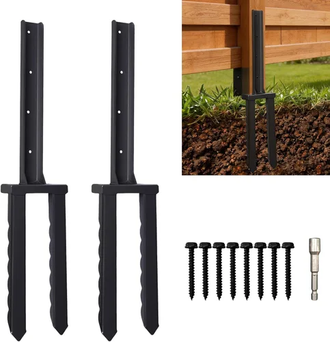Kit de reparación de postes de valla, 2 unidades, 30 pulgadas de alta resistencia con recubrimiento de polvo negro, espiga de tierra de anclaje