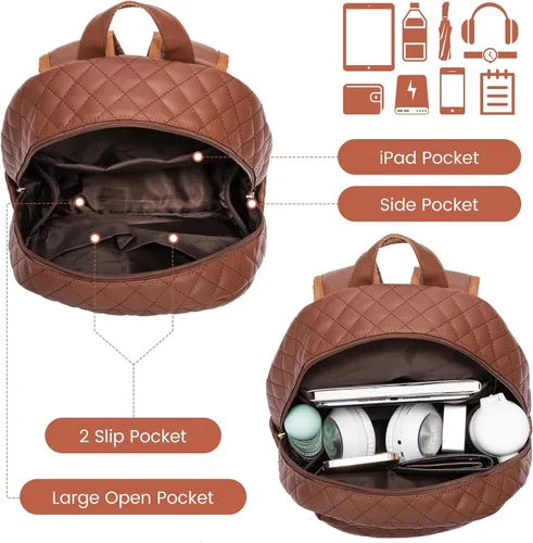 Miniatura 3 de LOVEVOOK Mochila pequeña acolchada para mujer, mochila de cuero, impermeable, para viajes de trabajo, Marrón, Compacto