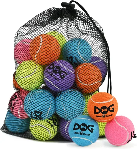 INSUM Paquete de 20 pelotas de tenis pequeñas para perros, pelotas chirriantes de 2 pulgadas con bolsa de malla, certificado SGS, duraderas, no
