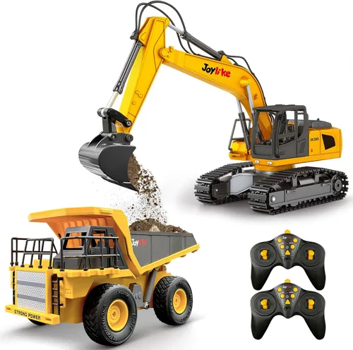 Joylike Juego de excavadora y camión volquete RC, vehículo de construcción con control remoto de metal de 2.4Ghz con luz y sonido, mejor juguete de