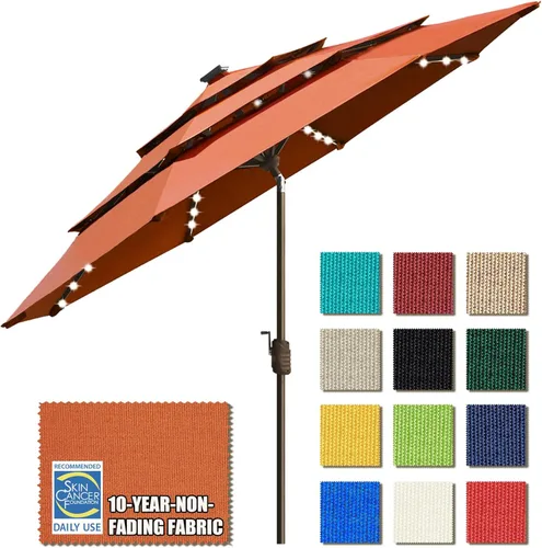 EliteShade USA - Sombrilla solar de 9 pies, de 3 niveles, con 80 luces LED para patio, mesa al aire libre, con ventilación, no se decolora durante