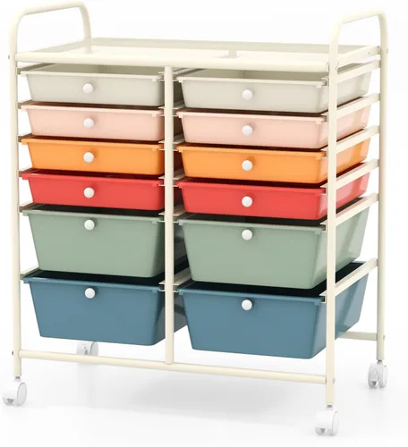Miniatura 10 de COSTWAY Carrito de almacenamiento rodante con 4 cajones, carrito de almacenamiento de plástico y organizador con 4 cajones extraíbles, carrito