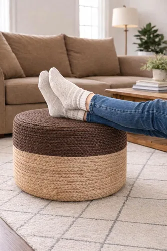 Miniatura 2 de Puf otomano de yute, 100% yute trenzado, puf reposapiés tejido a mano, tradicional puf bohemio para sala de estar, dormitorio, guardería, patio