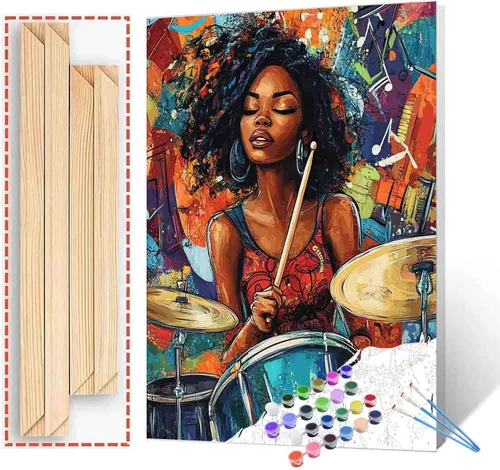 Miniatura 24 de Pintura de niña afro a la moda, kits de pintura por números, 16 x 20 pulgadas, lienzo de hojas tropicales, pintura al óleo para niños y adultos