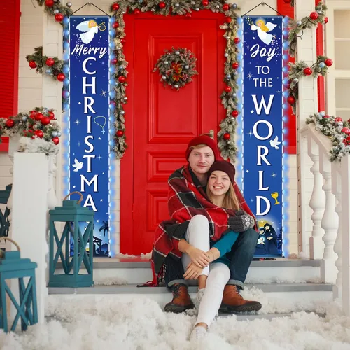 Miniatura 5 de Cartel de Navidad para puerta de Natividad con luces de alegría al mundo, pancarta azul religiosa para colgar en la puerta de la noche de Navidad