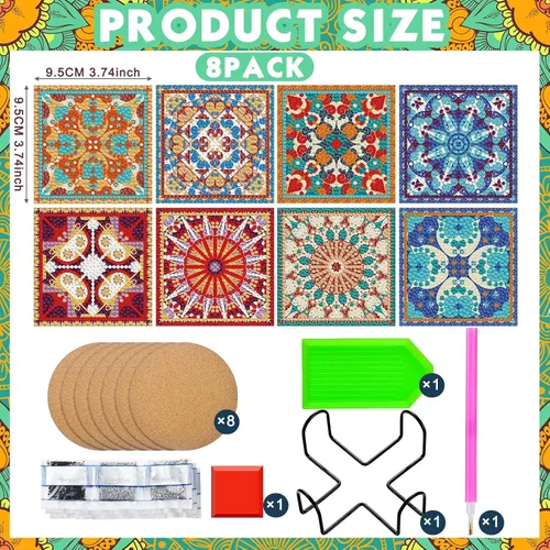 Miniatura 2 de Purpeak 8 posavasos de diamantes para pintar con diamantes, kits de mandala con soporte cuadrado bohemio de cachemira, kits 5D para principiantes