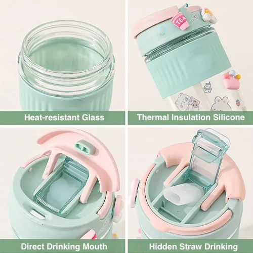 Miniatura 2 de Taza de viaje Kawaii con calcomanías 3D, doble modo de beber con pajilla, taza de viaje portátil a prueba de derrames con asa para café, té, leche